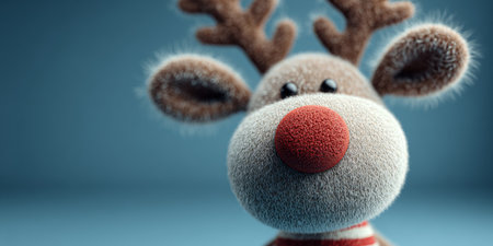 Soft toy reindeer with antlers sitting against a blue background during festive season celebrationの素材
