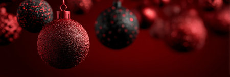Festive red and black ornaments hang on a deep red background, creating a warm holiday atmosphere for celebrationsの素材