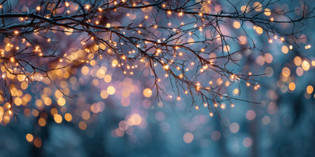 Branches adorned with glowing lights create a magical atmosphere during a winter evening in the parkの素材