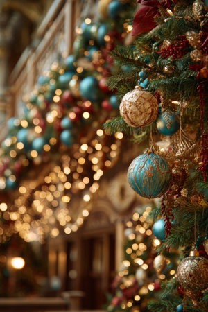 Colorful Christmas decorations adorn a festive interior filled with lights and ornaments during the holiday seasonの素材