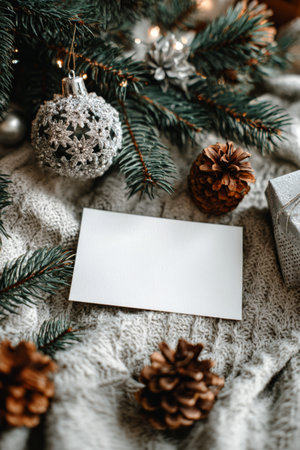 Decorative holiday scene with pine cones, Christmas ornaments, and a blank card on cozy knit fabricの素材