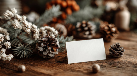 Rustic holiday decoration with pinecones and greenery on wooden surface featuring blank card for personalized messagesの素材