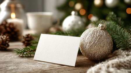 Holiday setting with a blank card and decorative ornaments on a wooden tableの素材
