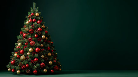 Beautifully decorated Christmas tree stands against a dark green backdrop in a festive settingの素材