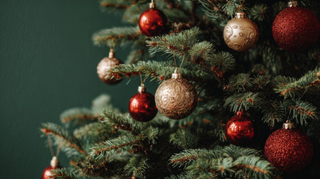Beautifully decorated Christmas tree with red and gold ornaments and a rich green background during the holiday seasonの素材