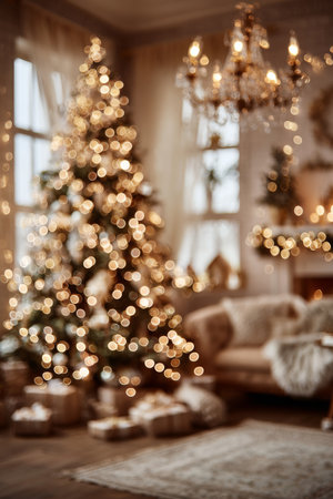 Cozy living room decorated for Christmas with a beautifully lit tree and presents on the floorの素材