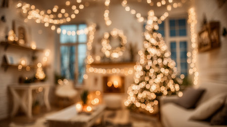 Cozy living room decorated for Christmas with glowing lights and a beautifully lit tree in the eveningの素材