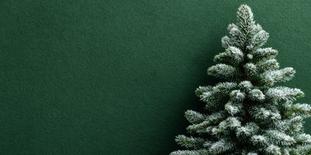 Decorative Christmas tree with snow dusting against a dark green background in a cozy indoor settingの素材