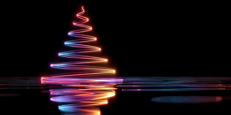 Colorful neon Christmas tree glowing on a dark background with water reflection during festive seasonの素材