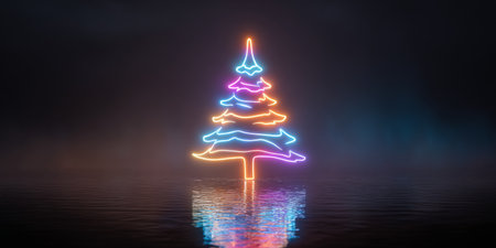 Colorful neon Christmas tree glowing in water during a nighttime celebrationの素材