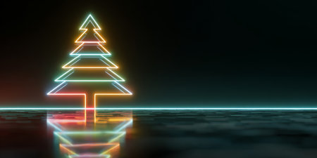 Bright neon Christmas tree illuminated on a dark reflective surface during the holiday seasonの素材