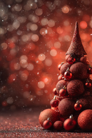 Festive red tree made of glittering ornaments stands against a sparkling background during the holiday seasonの素材