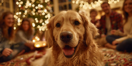 Golden retriever enjoys Christmas gathering with family around a beautifully decorated treeの素材