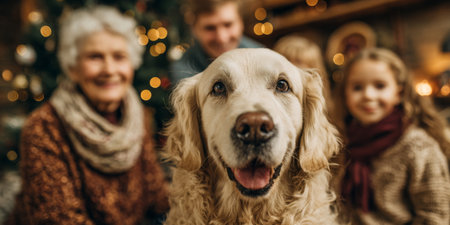 Family gathering with a golden retriever smiling during holiday celebrations in a cozy living roomの素材