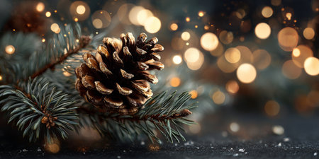 Beautiful pine cone resting among evergreen branches with twinkling lights in the background during winter seasonの素材