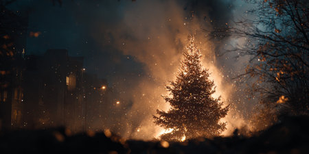 Bright flames engulf a tree in an urban park at night, creating an eerie scene of fire and smokeの素材