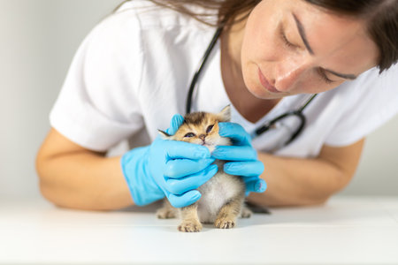 Veterinarian examines a kitten during a health check at a clinic in daytime hoursの写真素材