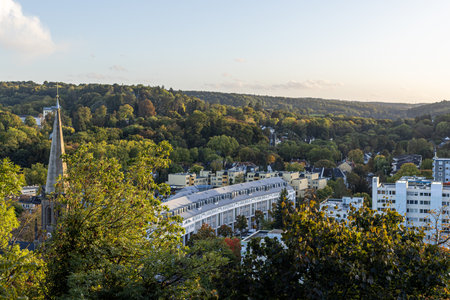 Scenic view of a lush hillside neighborhood with greenery and historic architecture during golden hourの写真素材