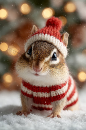 Cute chipmunk in a festive sweater and hat sits in the snow with a blurred holiday backgroundの素材