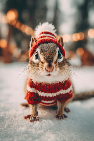 Squirrel in a festive sweater and hat enjoys winter wonderland in a snowy landscape with twinkling lightsの素材