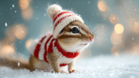 Cute chipmunk wearing a red and white striped sweater playing in the snow during winter timeの素材