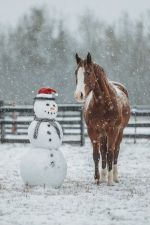 Snowy scene with a horse standing next to a snowman wearing a Santa hat on a winter dayの素材