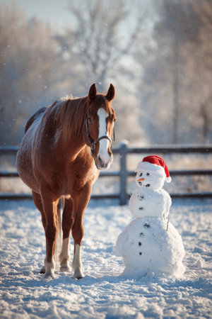 Brown horse stands beside a snowman wearing a Santa hat in a snowy field during winterの素材