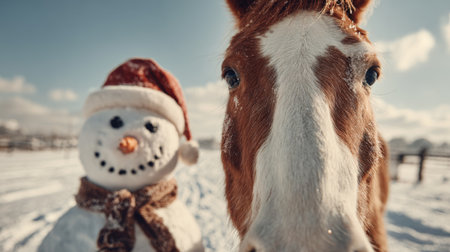 Horse and snowman share a winter moment in the countryside on a sunny dayの素材