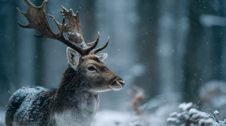 Majestic deer walks through snowy forest in winter landscape under soft falling snowflakesの素材