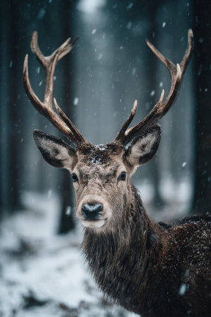 Majestic deer with antlers stands still in snowy forest during winter snowfallの素材