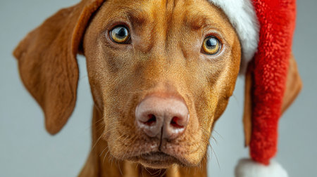 Dog wearing a Christmas hat with an expressive gaze against a plain background during the holiday seasonの素材