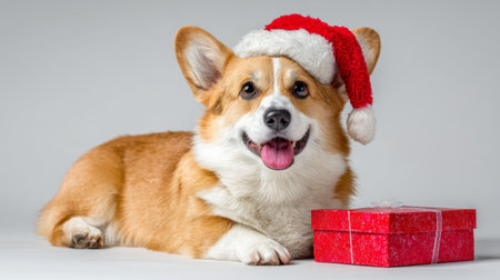 Happy corgi wearing a Santa hat next to a wrapped gift during the holiday seasonの素材