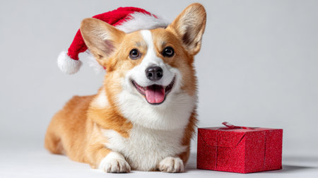 Happy corgi wearing a Santa hat next to a gift box in celebration of the holiday seasonの素材