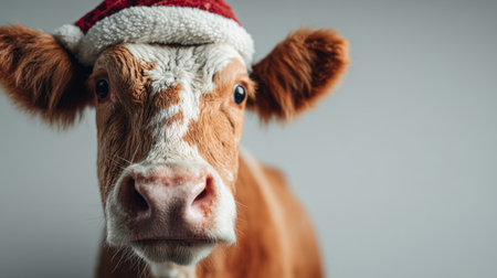 Cow wearing a Santa hat looking directly at the camera in a festive setting indoors during the holiday seasonの素材