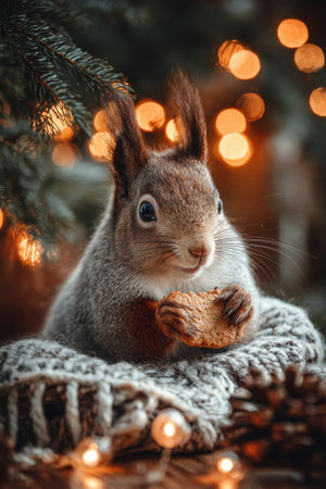 Squirrel enjoys a cookie by twinkling lights in a cozy setting during winterの素材
