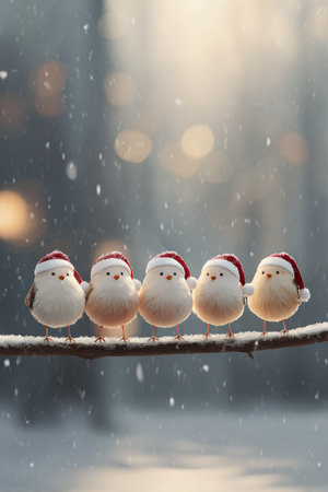 Five small birds wearing Santa hats sit on a snowy branch during a winter afternoonの素材