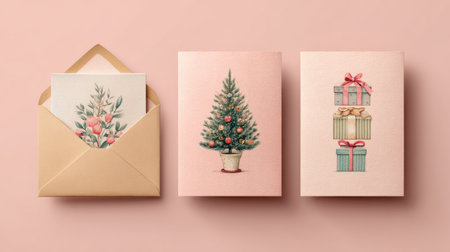 Beautifully designed Christmas cards with an envelope set against a soft pink backgroundの素材