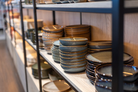 Beautiful display of ceramic plates and bowls in a modern kitchenware storeの写真素材
