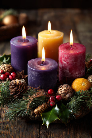 Decorative candles arranged in a festive wreath for a cozy holiday settingの素材