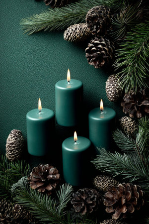 Candles surrounded by pine cones and evergreen branches create a cozy winter atmosphereの素材