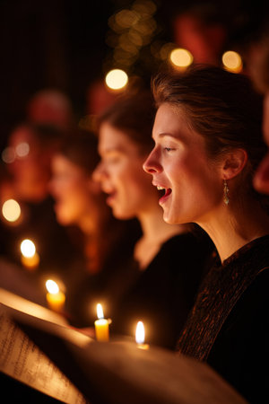 Choir singing together by candlelight during a festive evening performance in a magical settingの素材