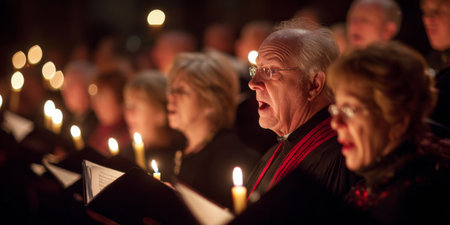 Choir performance in candlelight during winter holiday season at a historic churchの素材