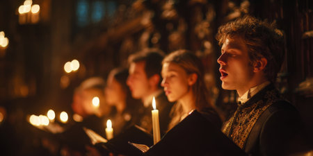 Youth choir performing soft melodies in a candlelit setting during an evening concertの素材