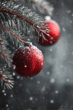 Red Christmas ornaments hang from a snow-covered tree branch during a winter snowfallの素材