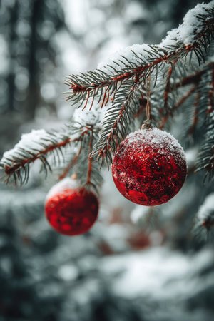 Red Christmas ornaments hanging from a snow-covered pine tree in a winter forestの素材