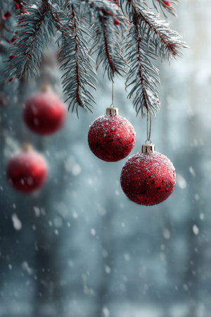 Beautiful red ornaments hanging from snow-covered pine branches in a winter forest sceneの素材