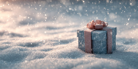 Gift box resting on snow during snowfall in a quiet winter landscapeの素材