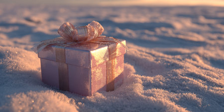 Gift box resting on soft snow at sunset, creating a serene winter sceneの素材