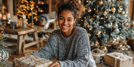 Joyful young woman smiling while holding a gift in a cozy holiday setting with a decorated Christmas treeの素材