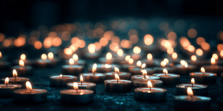Many small candles burn softly, creating a warm and peaceful atmosphere during a solemn evening gathering in remembranceの素材